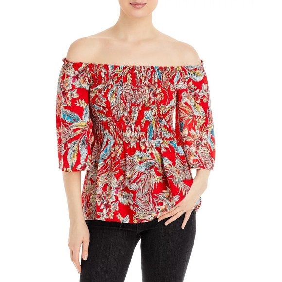 STATUS BY CHENAULT  Off The Shoulder Smocked Tropical Print Top - NWT - Small - Picture 3 of 3